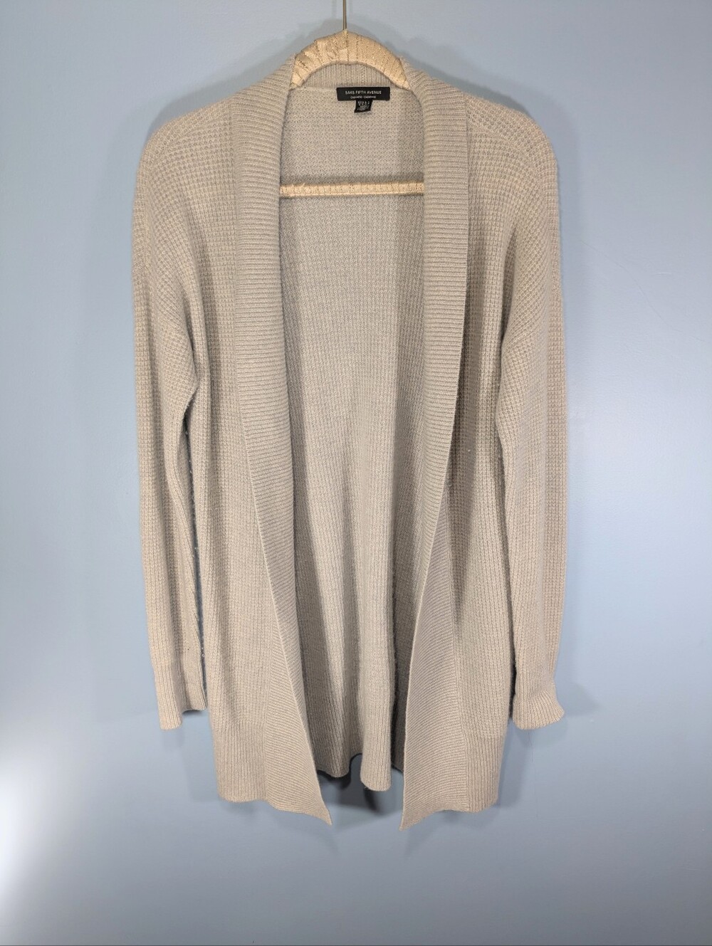Saks Pale Gray Long Cashmere Waffle Weave Open Cardigan Sweater